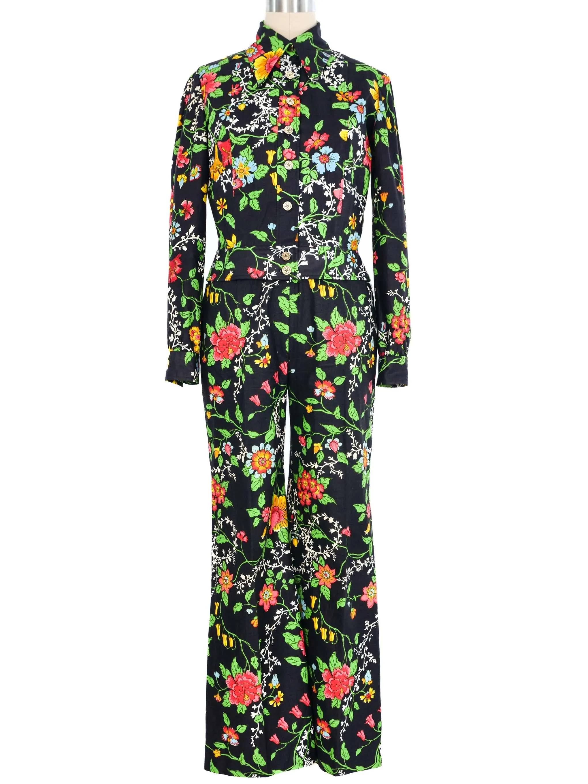 1970s Black Floral Cotton Suit