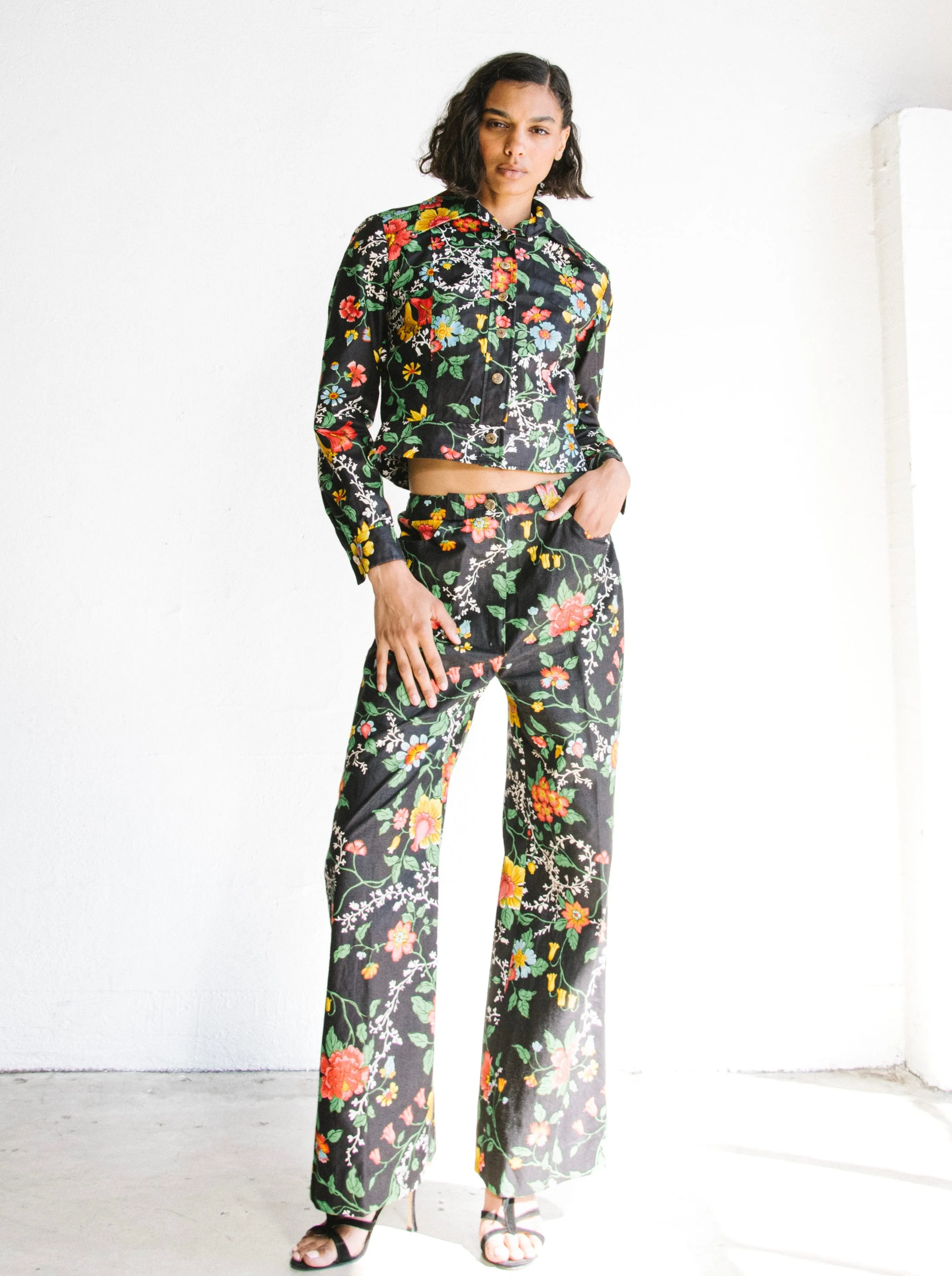 1970s Black Floral Cotton Suit