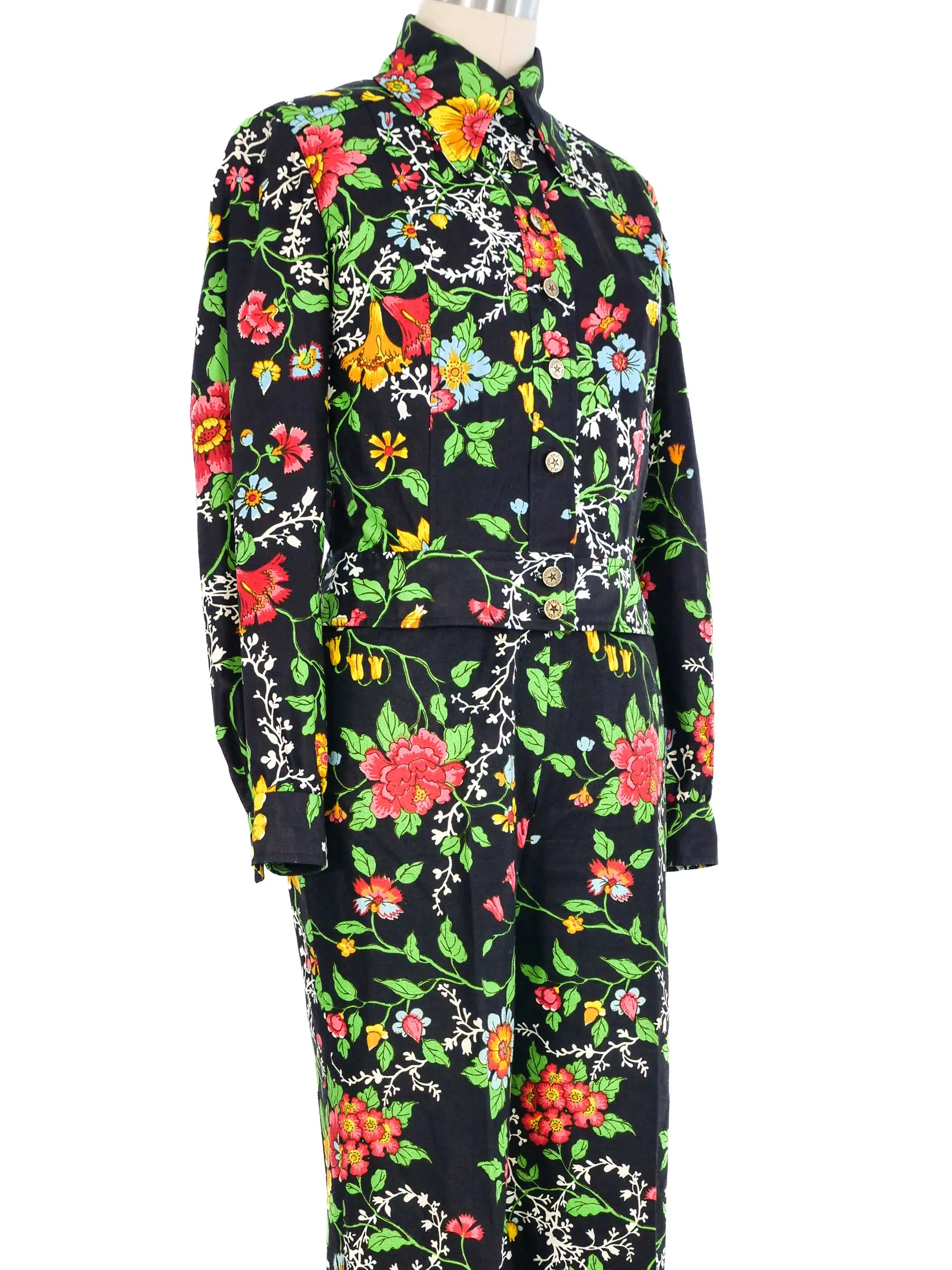 1970s Black Floral Cotton Suit