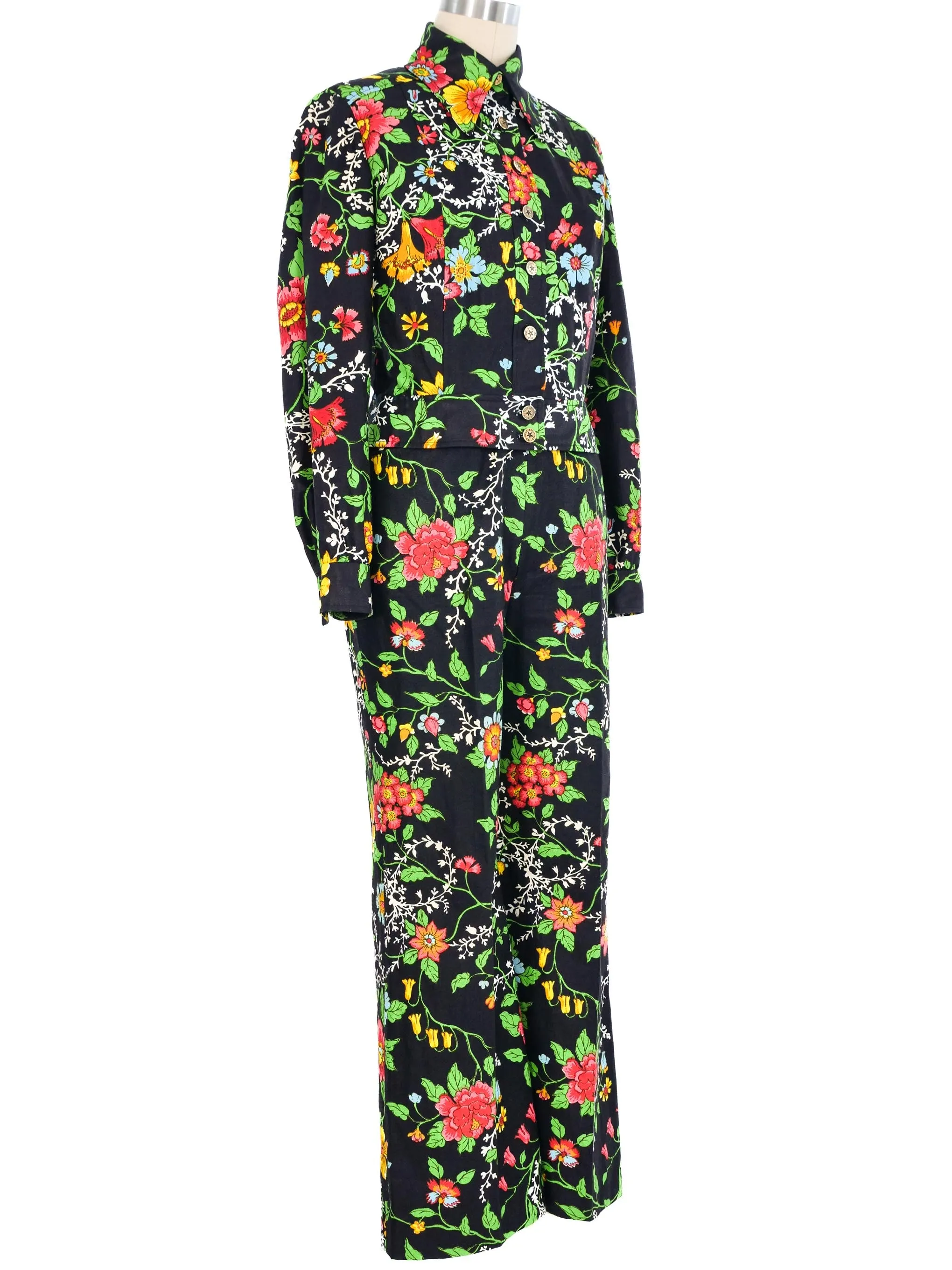 1970s Black Floral Cotton Suit