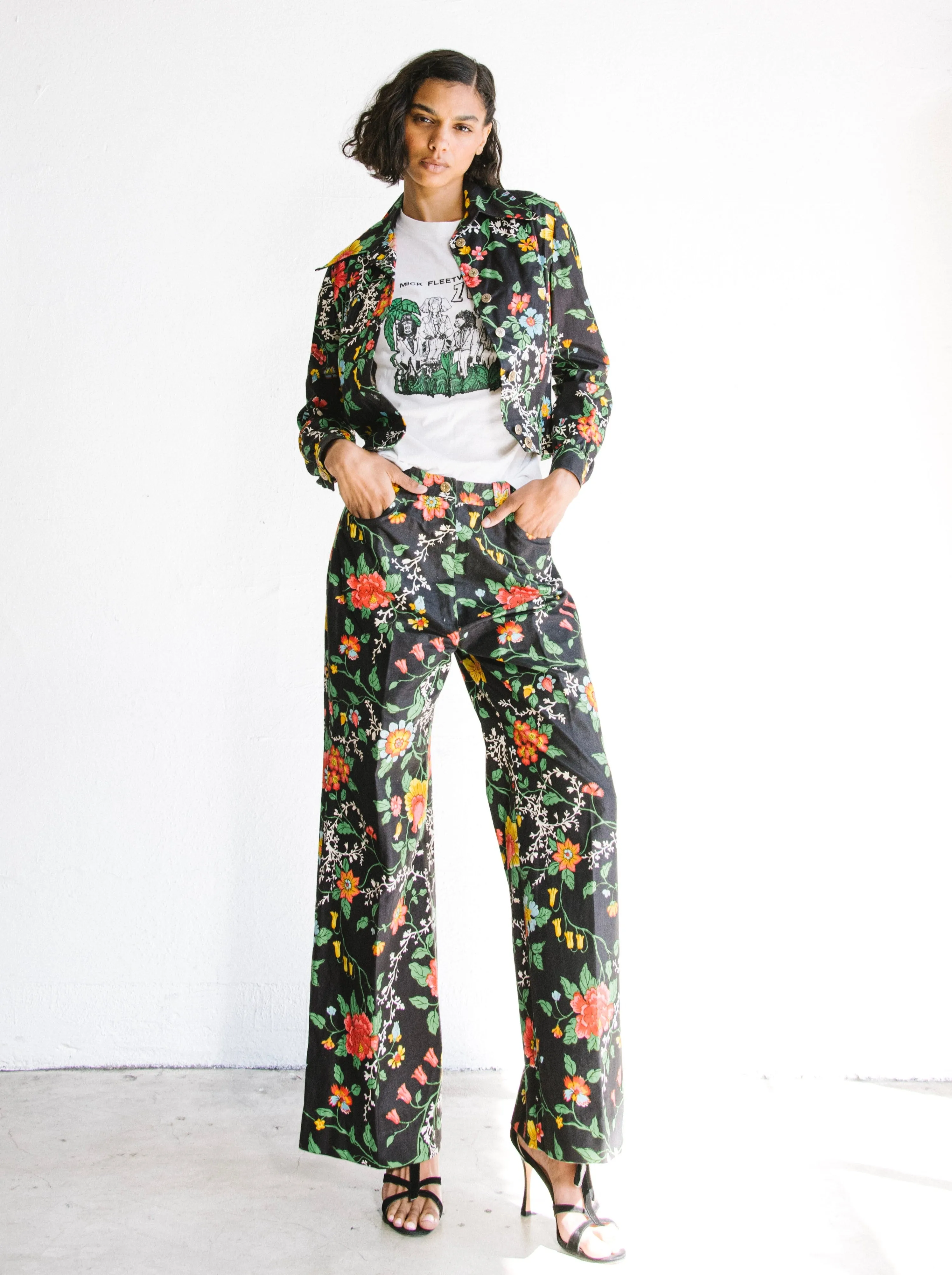 1970s Black Floral Cotton Suit
