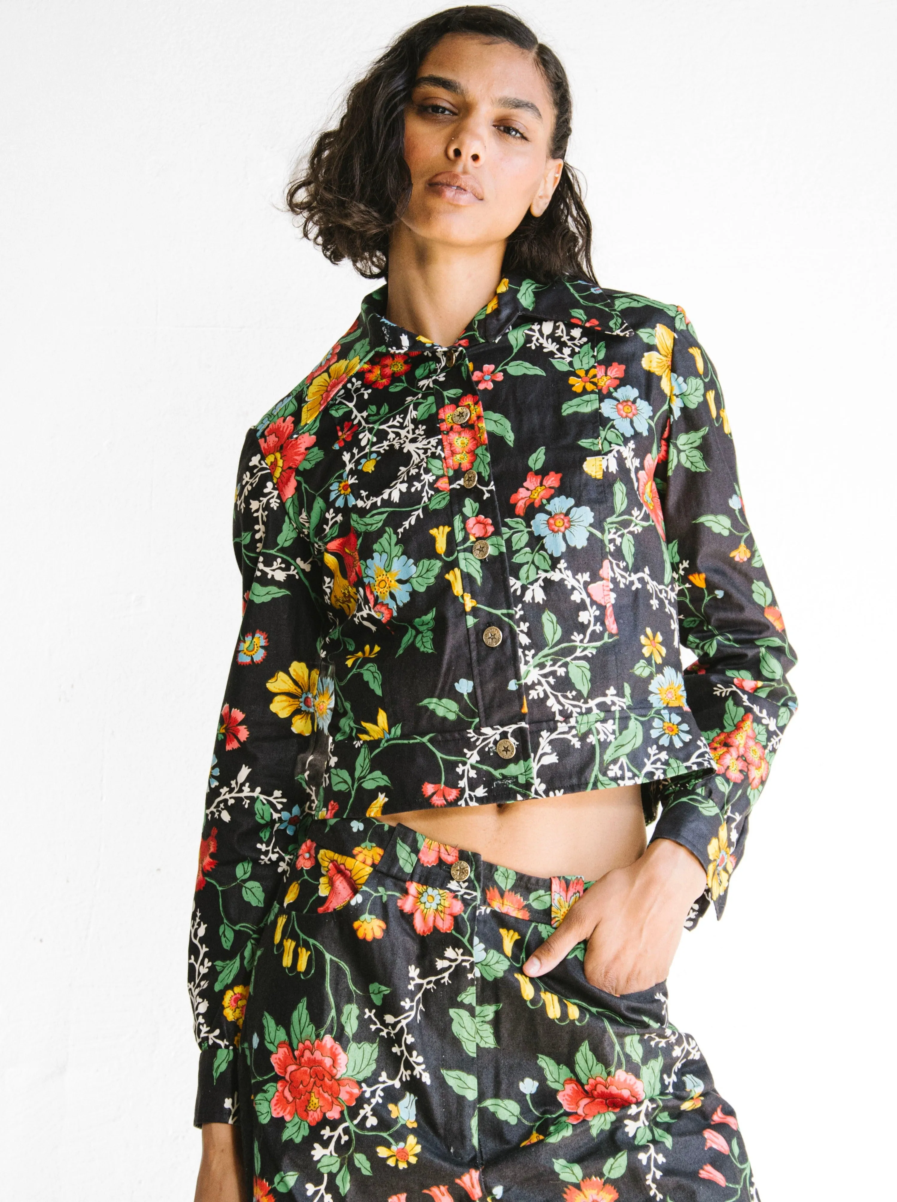 1970s Black Floral Cotton Suit