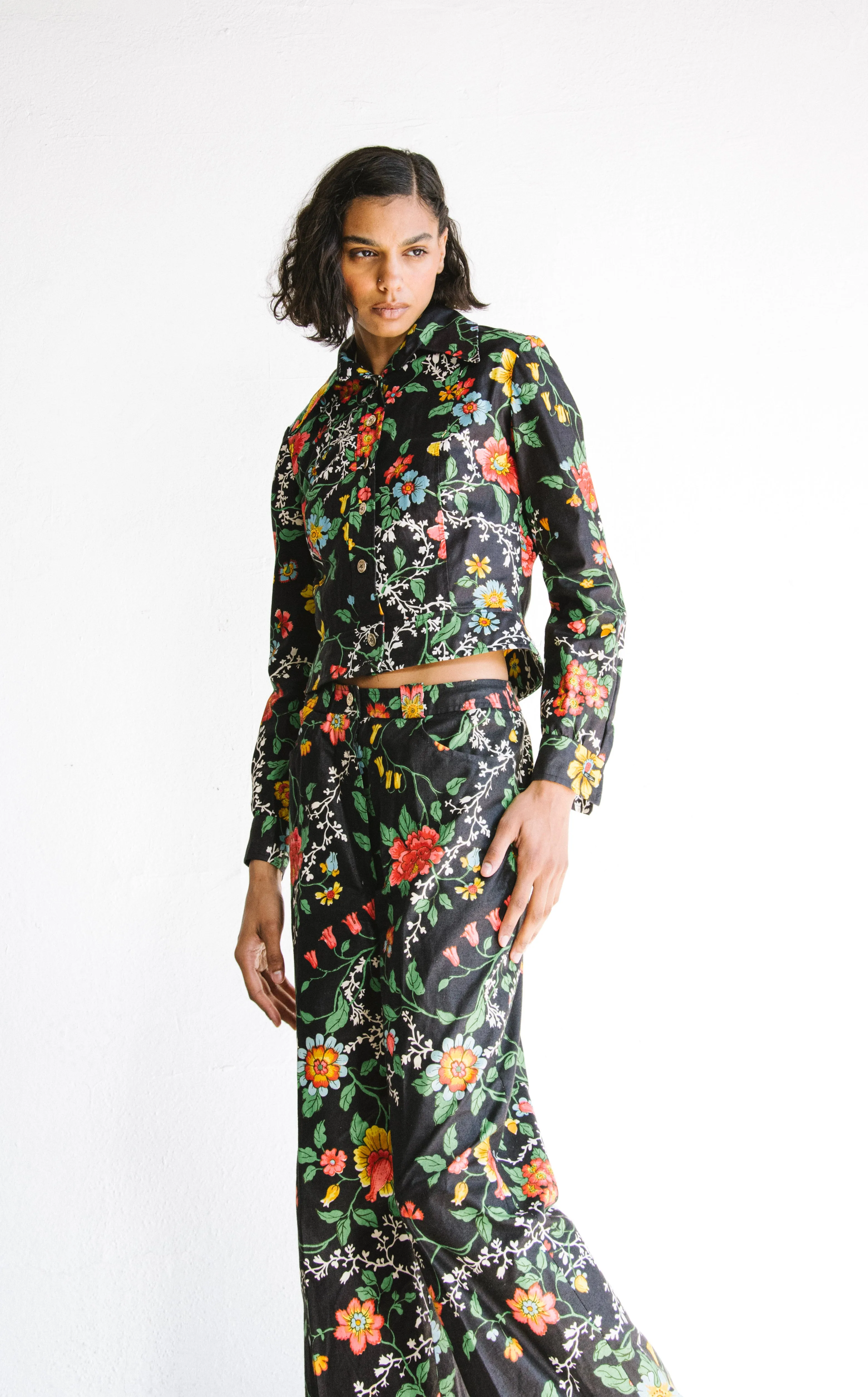 1970s Black Floral Cotton Suit