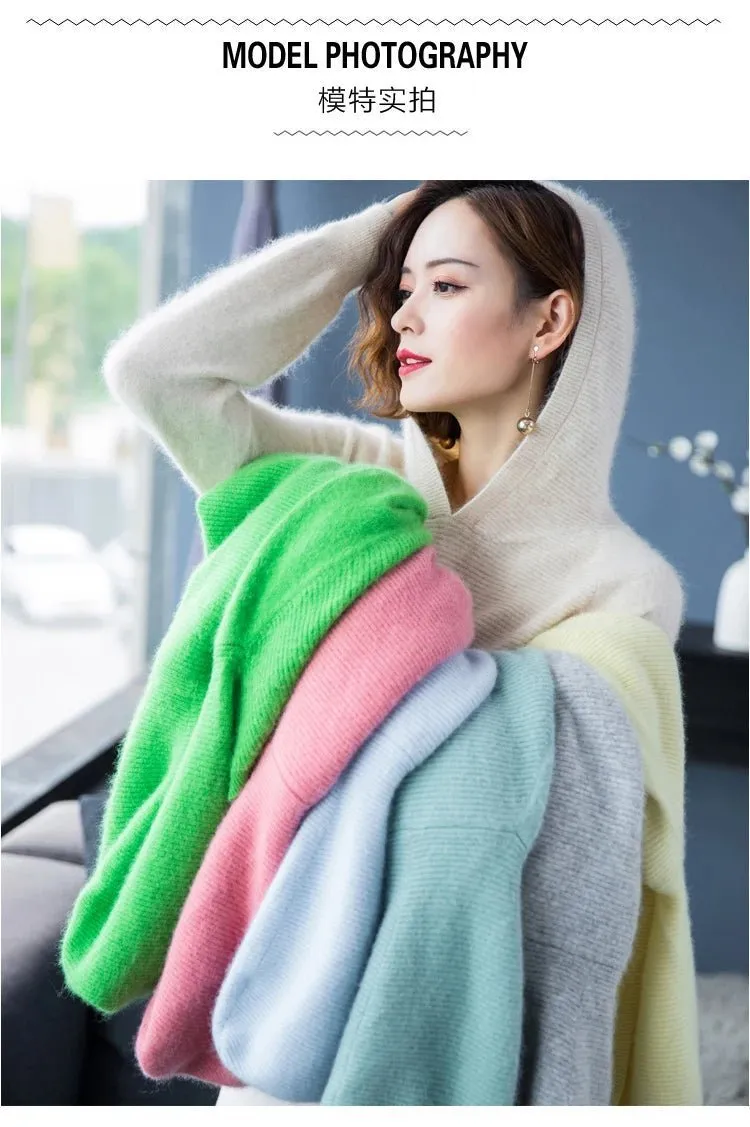 2024 Frühling Winter 100% reiner Nerz Kaschmir pullover Frauen gestrickt Kapuze warme Dame Klasse bis Pullover und Pullover weiche warme Tops