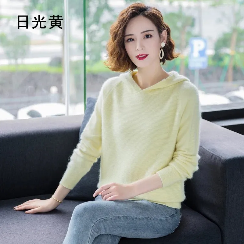 2024 Frühling Winter 100% reiner Nerz Kaschmir pullover Frauen gestrickt Kapuze warme Dame Klasse bis Pullover und Pullover weiche warme Tops