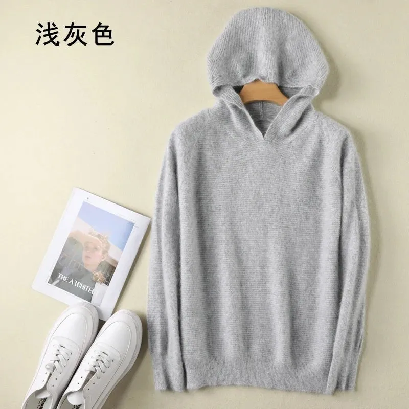 2024 Frühling Winter 100% reiner Nerz Kaschmir pullover Frauen gestrickt Kapuze warme Dame Klasse bis Pullover und Pullover weiche warme Tops
