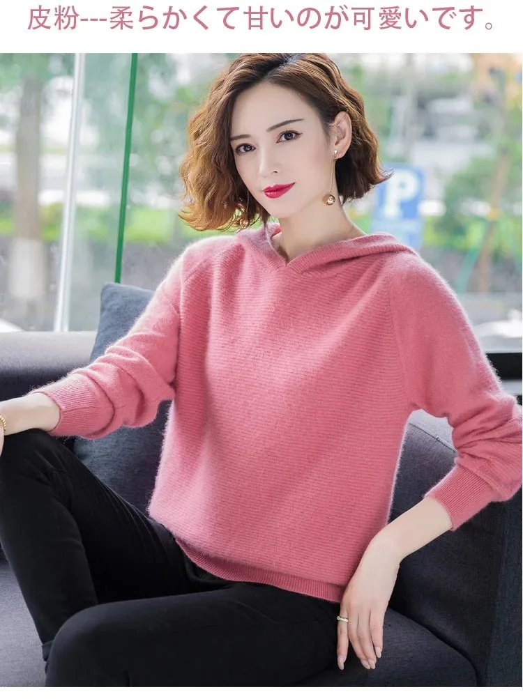 2024 Frühling Winter 100% reiner Nerz Kaschmir pullover Frauen gestrickt Kapuze warme Dame Klasse bis Pullover und Pullover weiche warme Tops