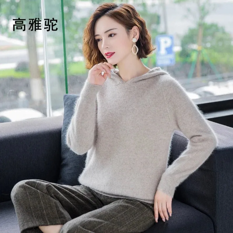 2024 Frühling Winter 100% reiner Nerz Kaschmir pullover Frauen gestrickt Kapuze warme Dame Klasse bis Pullover und Pullover weiche warme Tops