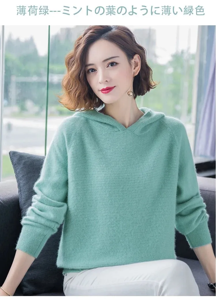 2024 Frühling Winter 100% reiner Nerz Kaschmir pullover Frauen gestrickt Kapuze warme Dame Klasse bis Pullover und Pullover weiche warme Tops