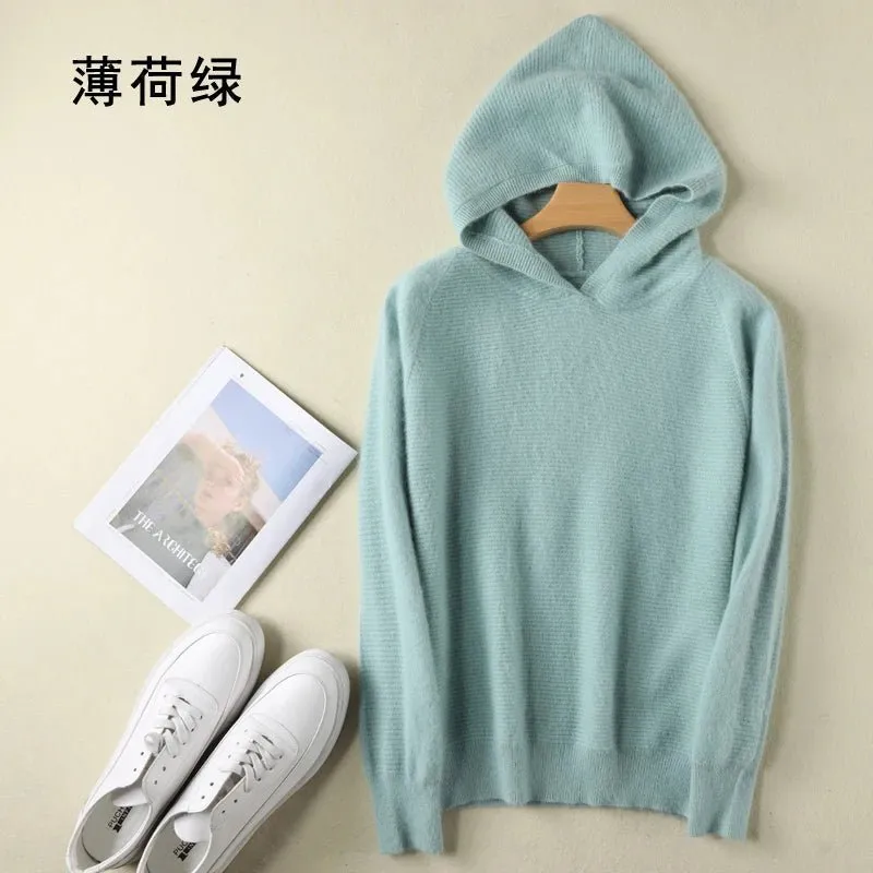 2024 Frühling Winter 100% reiner Nerz Kaschmir pullover Frauen gestrickt Kapuze warme Dame Klasse bis Pullover und Pullover weiche warme Tops