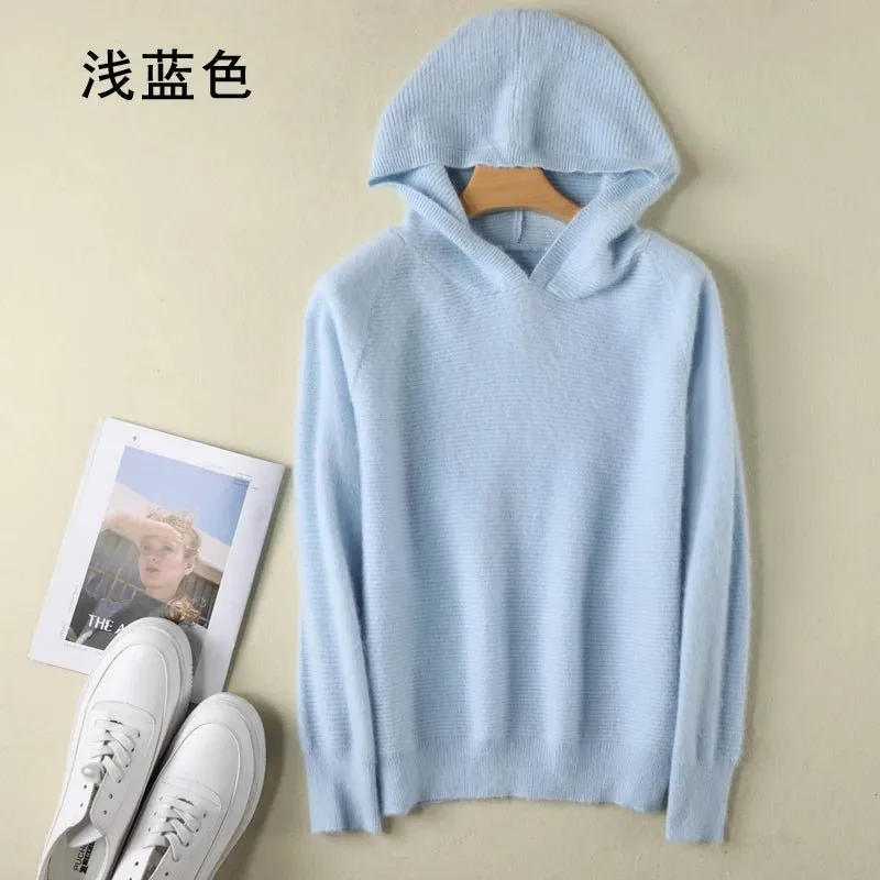 2024 Frühling Winter 100% reiner Nerz Kaschmir pullover Frauen gestrickt Kapuze warme Dame Klasse bis Pullover und Pullover weiche warme Tops
