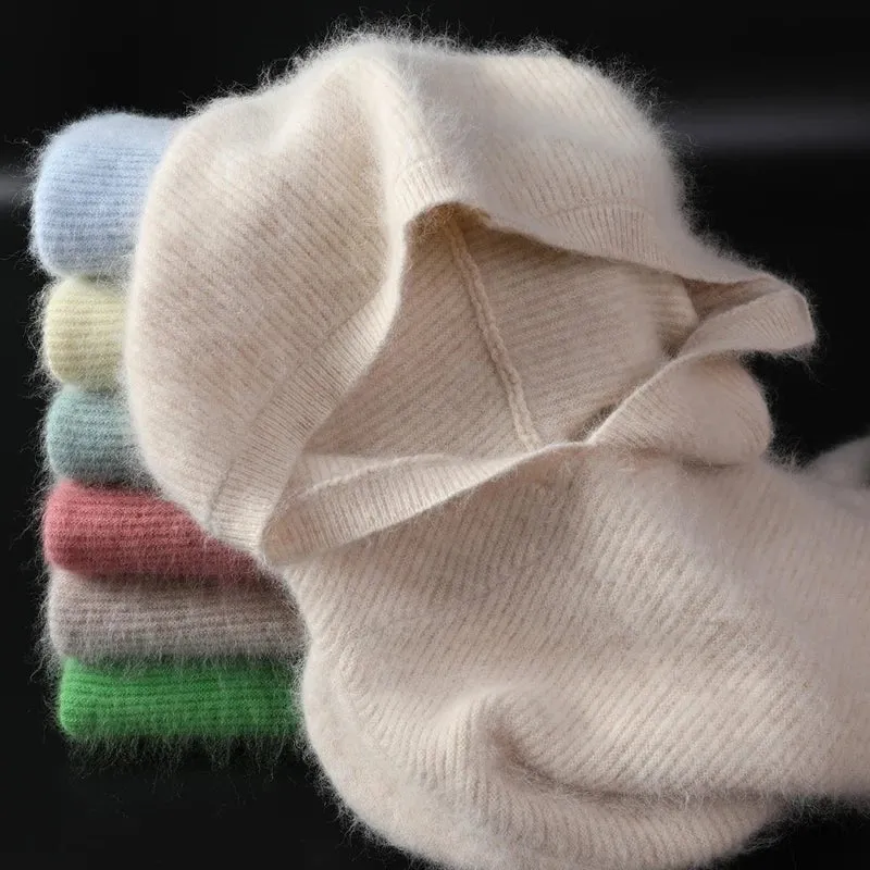 2024 Frühling Winter 100% reiner Nerz Kaschmir pullover Frauen gestrickt Kapuze warme Dame Klasse bis Pullover und Pullover weiche warme Tops