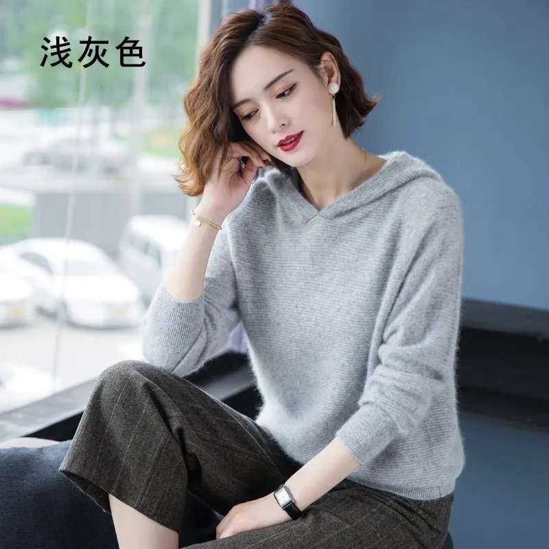 2024 Frühling Winter 100% reiner Nerz Kaschmir pullover Frauen gestrickt Kapuze warme Dame Klasse bis Pullover und Pullover weiche warme Tops