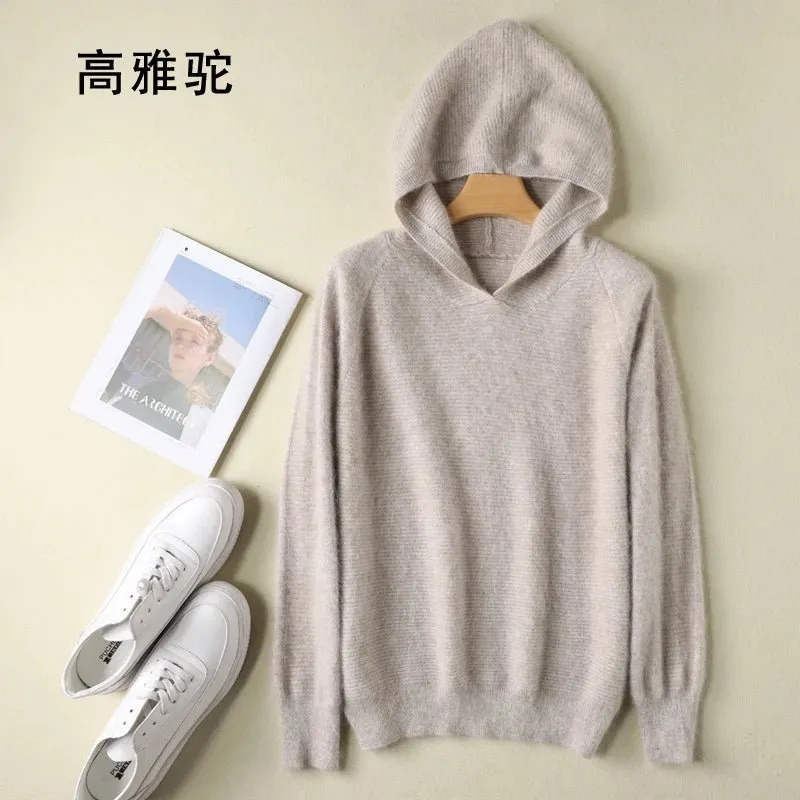 2024 Frühling Winter 100% reiner Nerz Kaschmir pullover Frauen gestrickt Kapuze warme Dame Klasse bis Pullover und Pullover weiche warme Tops