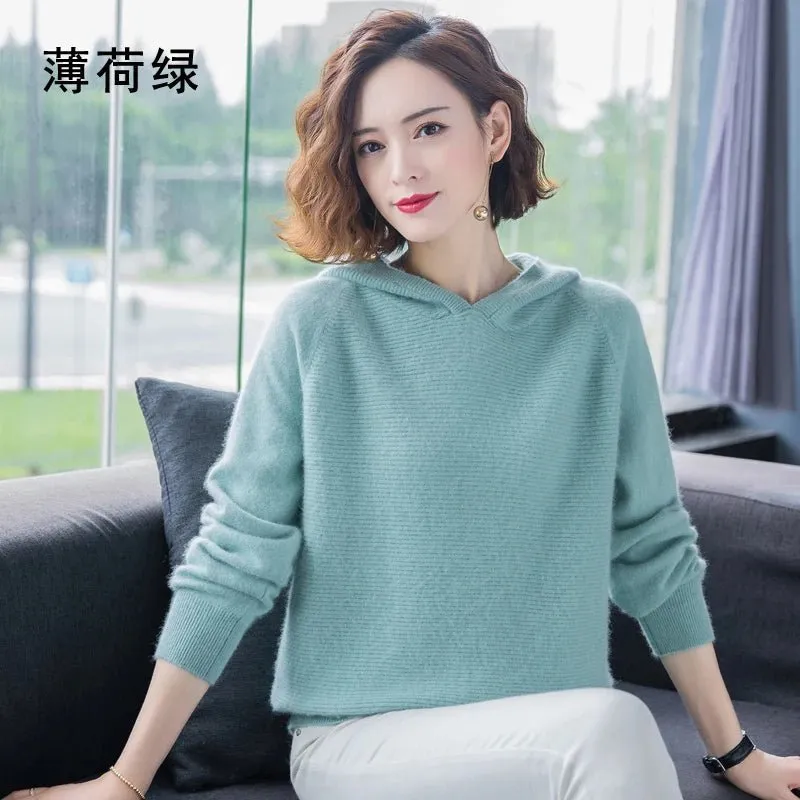 2024 Frühling Winter 100% reiner Nerz Kaschmir pullover Frauen gestrickt Kapuze warme Dame Klasse bis Pullover und Pullover weiche warme Tops
