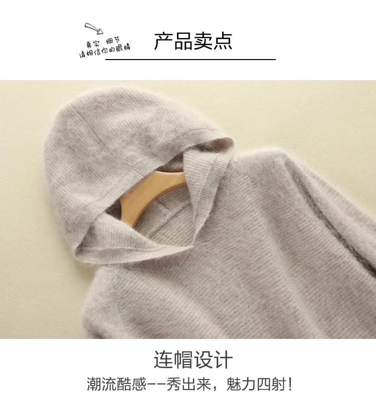 2024 Frühling Winter 100% reiner Nerz Kaschmir pullover Frauen gestrickt Kapuze warme Dame Klasse bis Pullover und Pullover weiche warme Tops
