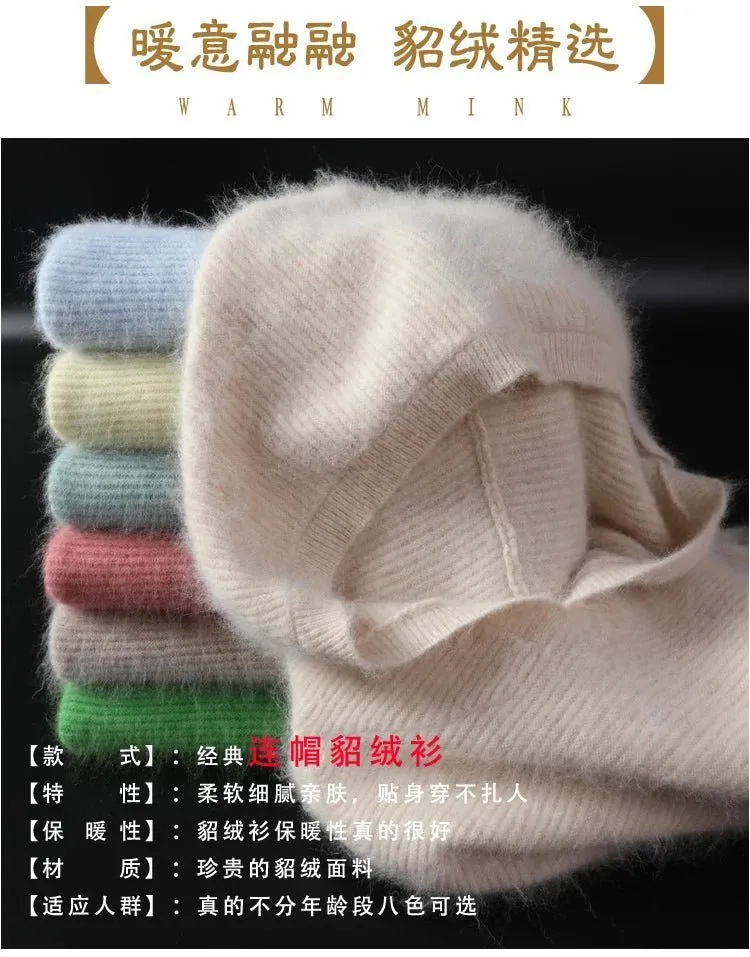 2024 Frühling Winter 100% reiner Nerz Kaschmir pullover Frauen gestrickt Kapuze warme Dame Klasse bis Pullover und Pullover weiche warme Tops