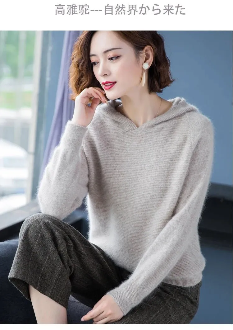 2024 Frühling Winter 100% reiner Nerz Kaschmir pullover Frauen gestrickt Kapuze warme Dame Klasse bis Pullover und Pullover weiche warme Tops