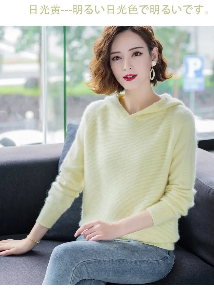 2024 Frühling Winter 100% reiner Nerz Kaschmir pullover Frauen gestrickt Kapuze warme Dame Klasse bis Pullover und Pullover weiche warme Tops