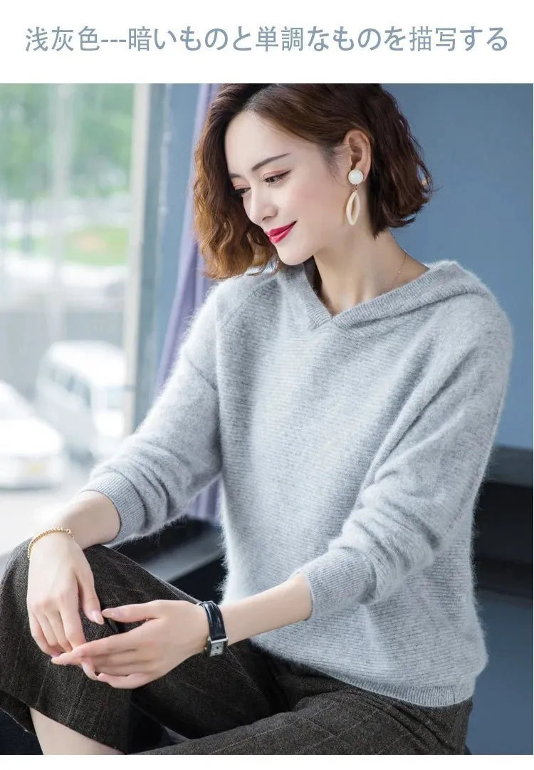 2024 Frühling Winter 100% reiner Nerz Kaschmir pullover Frauen gestrickt Kapuze warme Dame Klasse bis Pullover und Pullover weiche warme Tops
