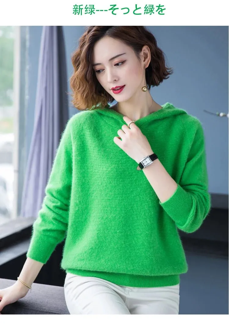 2024 Frühling Winter 100% reiner Nerz Kaschmir pullover Frauen gestrickt Kapuze warme Dame Klasse bis Pullover und Pullover weiche warme Tops