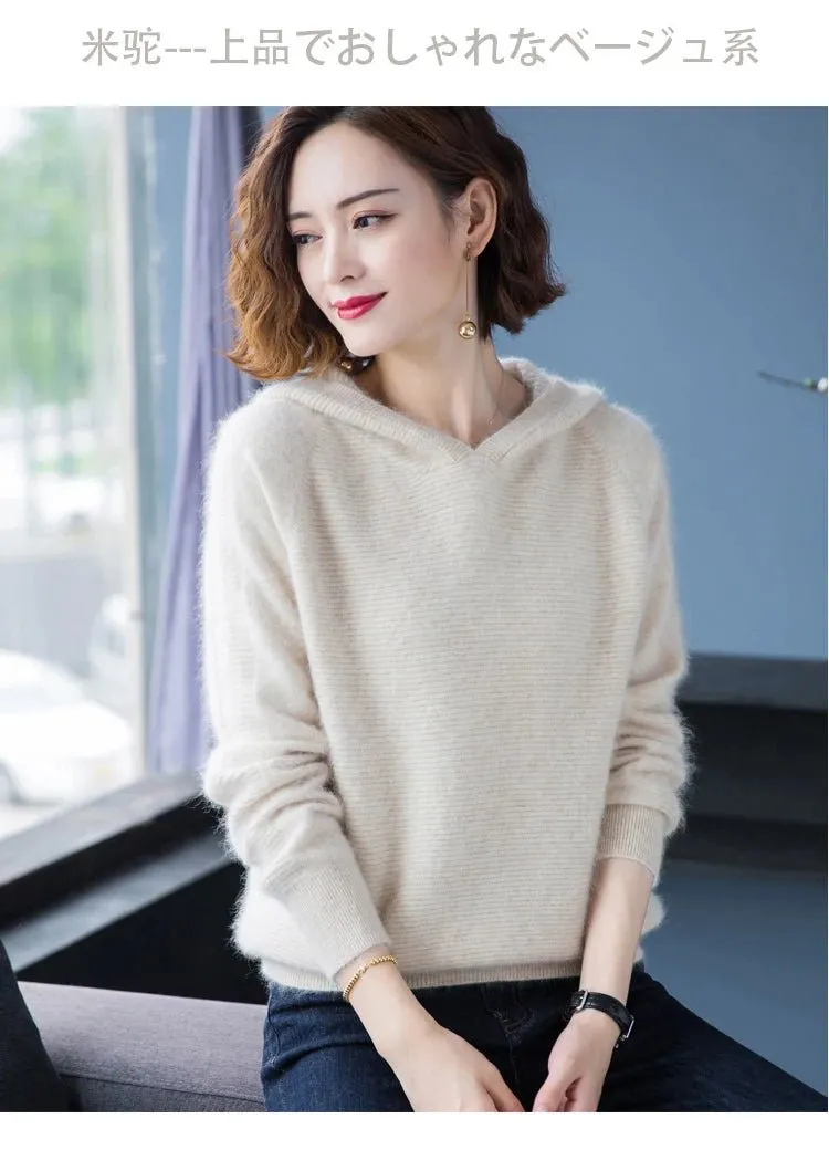 2024 Frühling Winter 100% reiner Nerz Kaschmir pullover Frauen gestrickt Kapuze warme Dame Klasse bis Pullover und Pullover weiche warme Tops