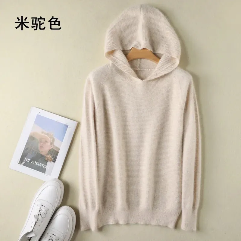 2024 Frühling Winter 100% reiner Nerz Kaschmir pullover Frauen gestrickt Kapuze warme Dame Klasse bis Pullover und Pullover weiche warme Tops