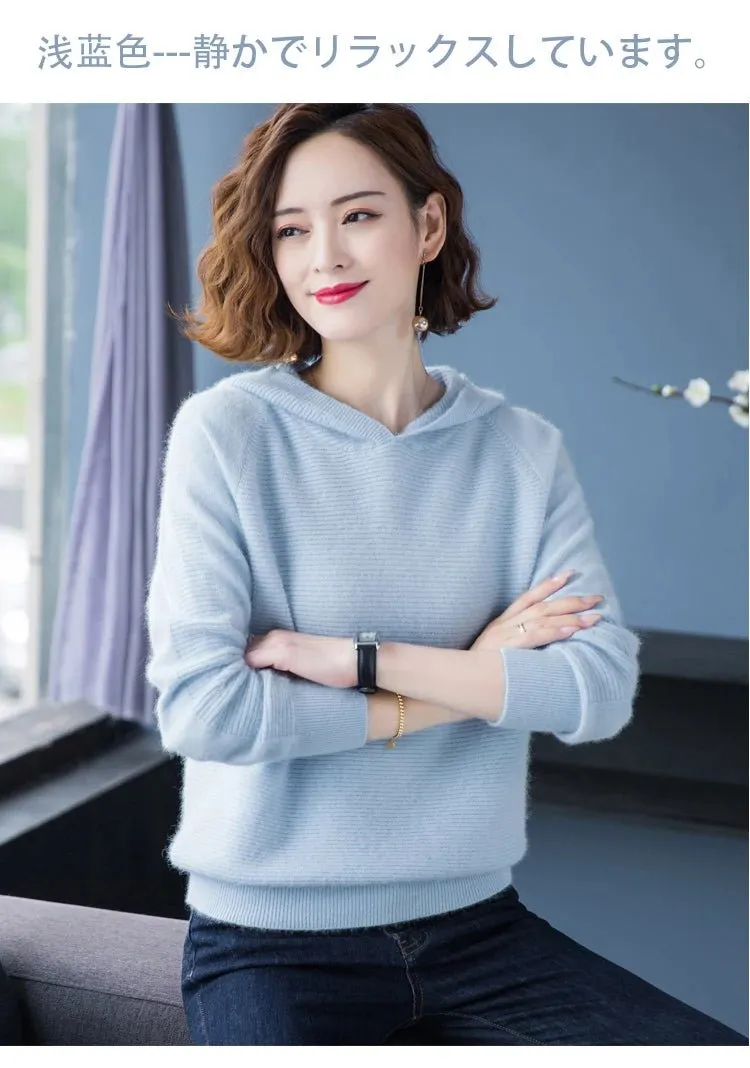 2024 Frühling Winter 100% reiner Nerz Kaschmir pullover Frauen gestrickt Kapuze warme Dame Klasse bis Pullover und Pullover weiche warme Tops