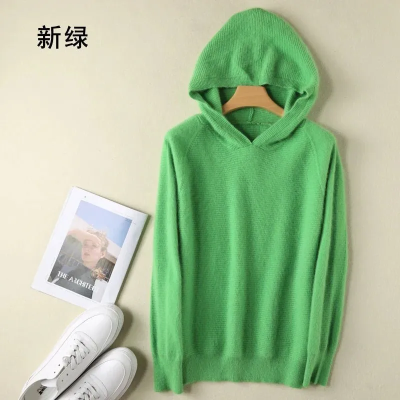 2024 Frühling Winter 100% reiner Nerz Kaschmir pullover Frauen gestrickt Kapuze warme Dame Klasse bis Pullover und Pullover weiche warme Tops