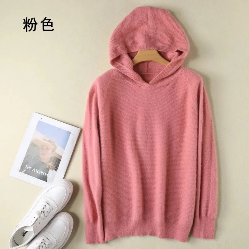 2024 Frühling Winter 100% reiner Nerz Kaschmir pullover Frauen gestrickt Kapuze warme Dame Klasse bis Pullover und Pullover weiche warme Tops