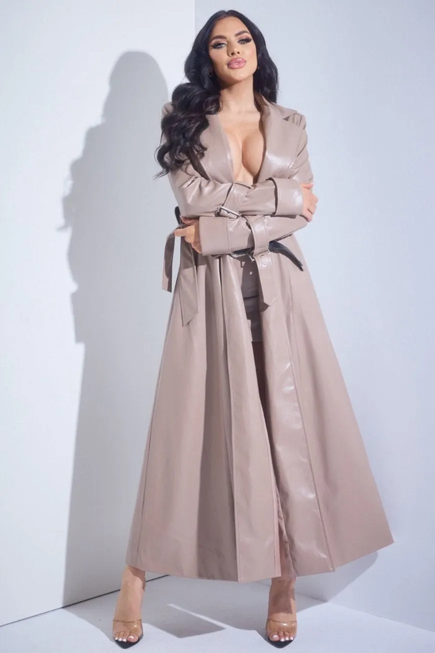 3 Pc Leather Feel Trench Coat and Mini Skirt Set with Belt