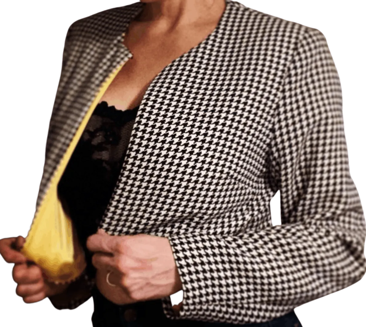 80’s Cropped Houndstooth Jacket with Yellow Lining by Liz Claiborne