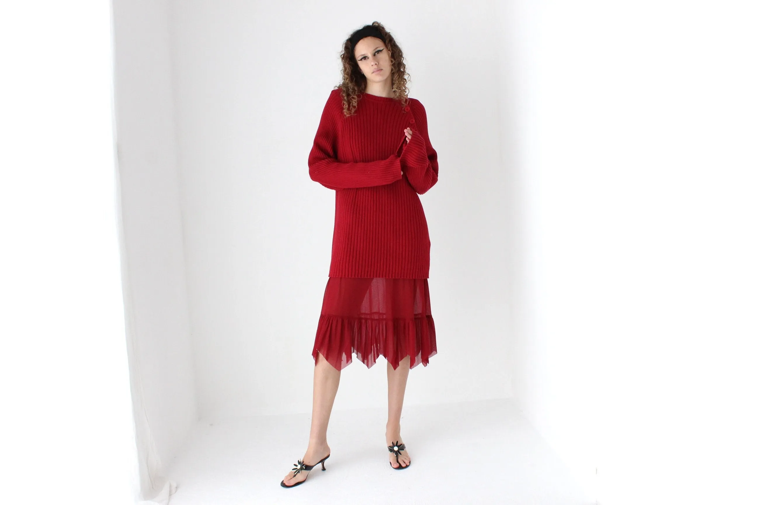 90s Pure Cotton Ribbed Knit Oversized Sweater Dress