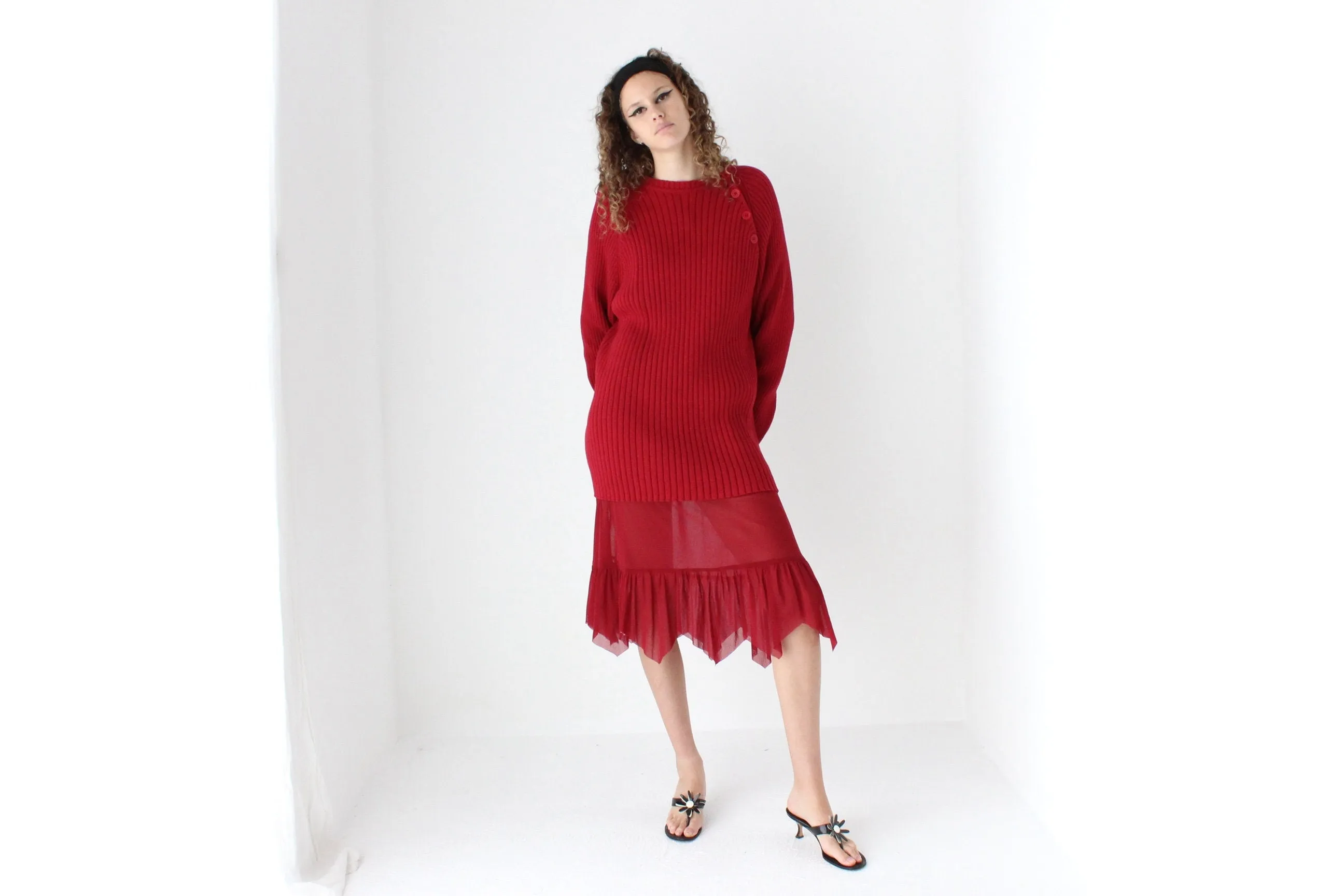 90s Pure Cotton Ribbed Knit Oversized Sweater Dress