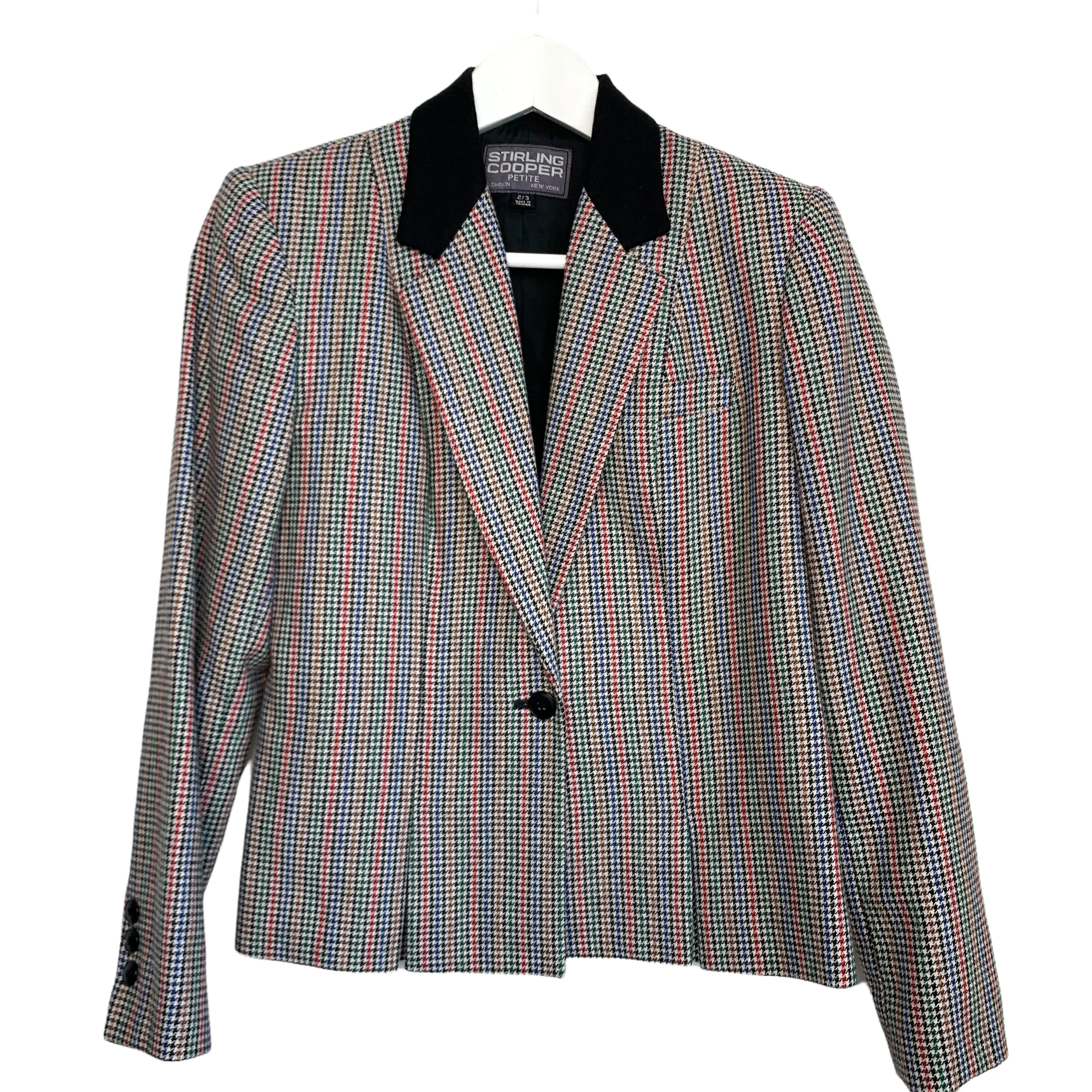 90s Stirling Cooper Plaid Cropped Blazer Single Button Size XS Petite Rainbow Wool