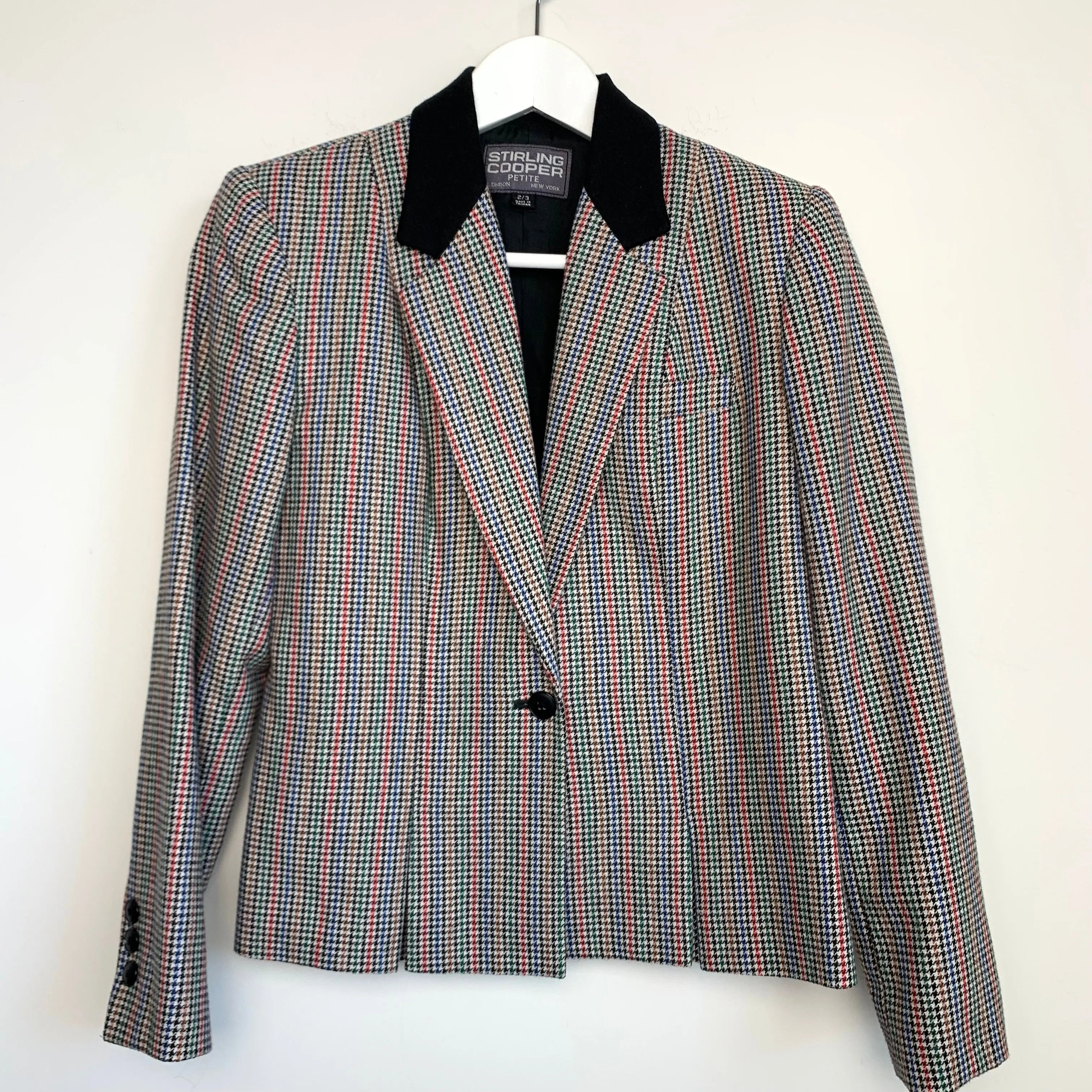 90s Stirling Cooper Plaid Cropped Blazer Single Button Size XS Petite Rainbow Wool