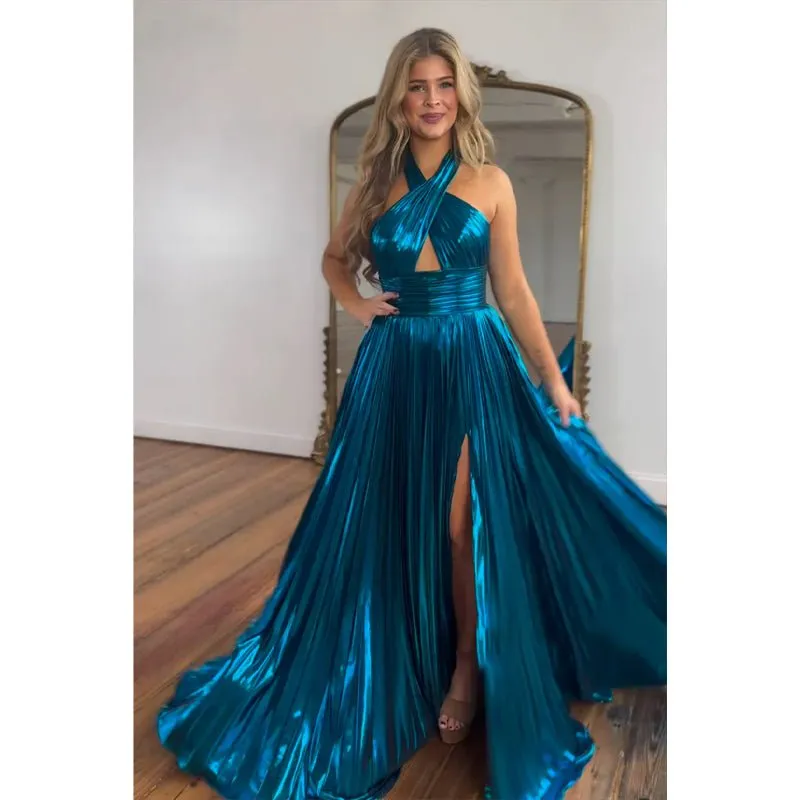 A-line Navy Blue Satin Criss Cross Halter Long Prom Dress Evening Gowns