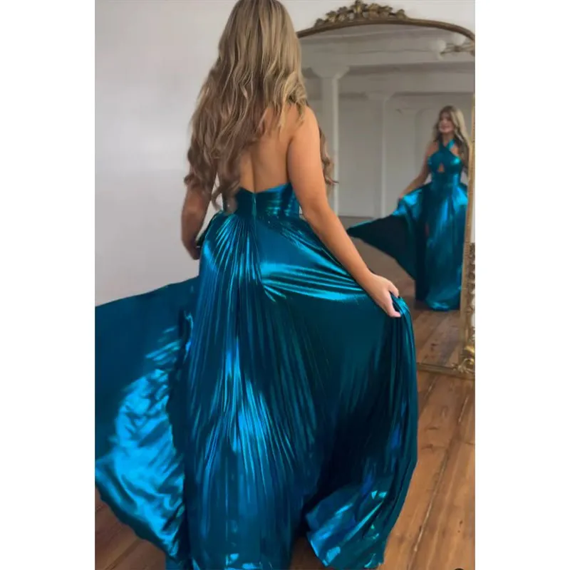 A-line Navy Blue Satin Criss Cross Halter Long Prom Dress Evening Gowns