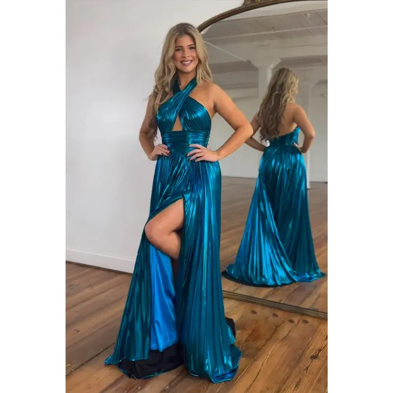 A-line Navy Blue Satin Criss Cross Halter Long Prom Dress Evening Gowns
