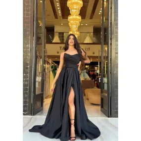 A Line Strapless Satin Pleated Long Prom Evening Dress With Slit