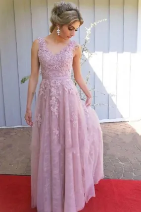 A Line V Neck Open Back Pink Lace Long Prom Dress, Long Pink Lace Formal Graduation Evening Dress A1338