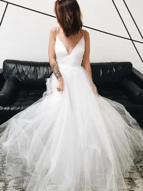 A Line V Neck White Tulle Long Prom, V Neck White Wedding, White Formal, Evening