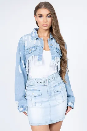 American Bazi Distressed Denim Jacket with Frayed Hem - Light Blue