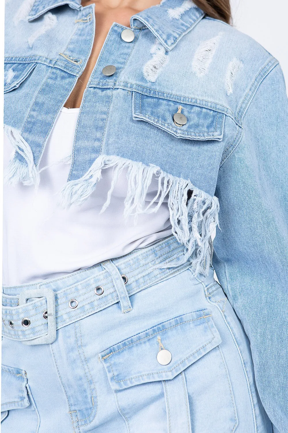 American Bazi Distressed Denim Jacket with Frayed Hem - Light Blue