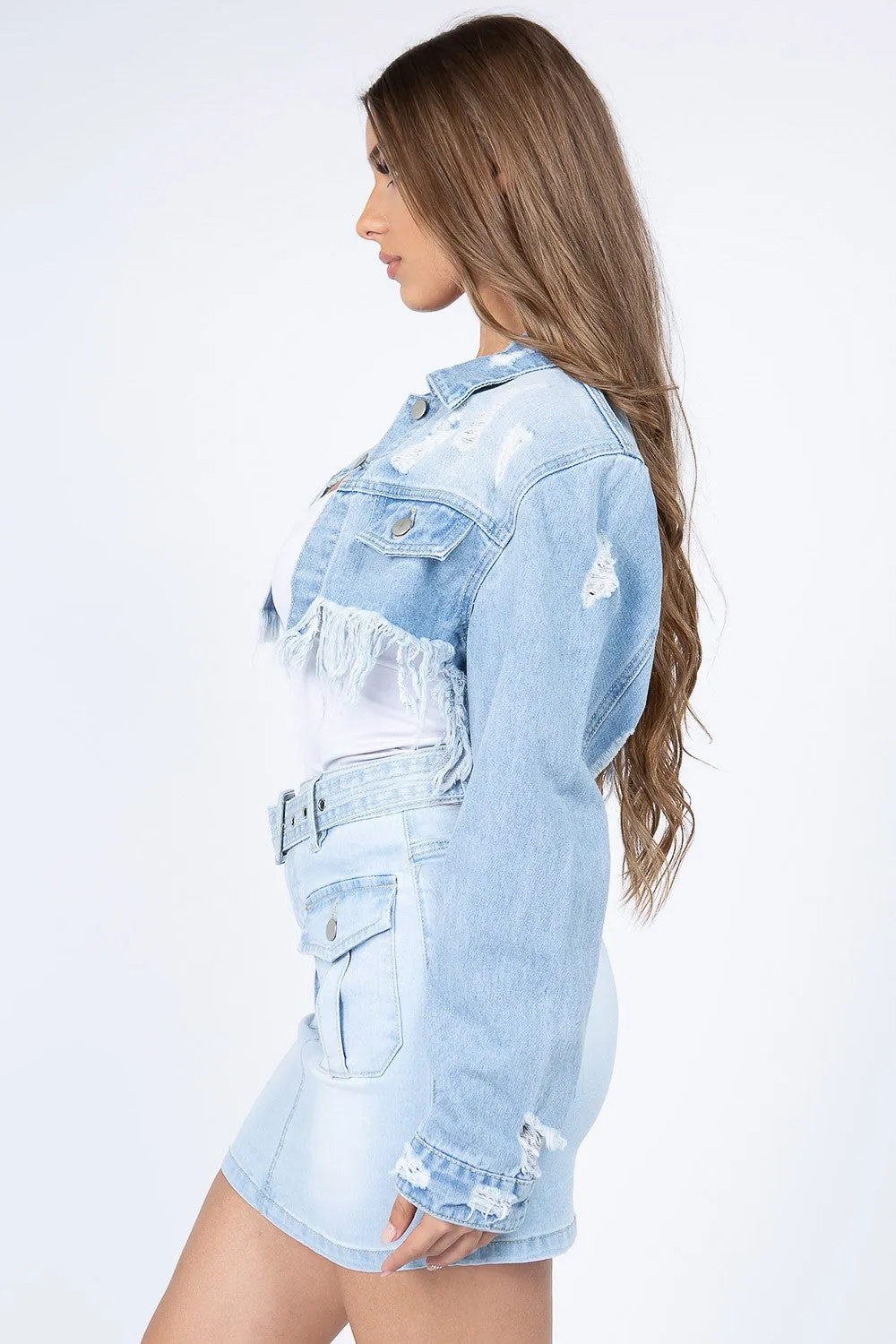 American Bazi Distressed Denim Jacket with Frayed Hem - Light Blue