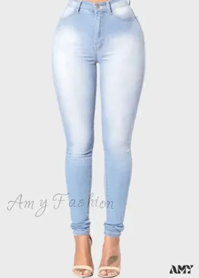 Amy Fashion - Blue Women High Waist Slim Fit Denim Pencil Pants Vintage Bootcut Pull-on Skinny Jean