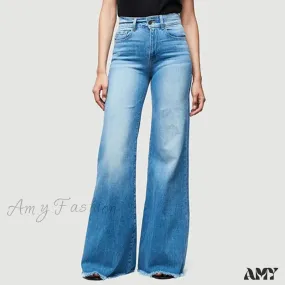 Amy Fashion - Flare Women High Waist Slim Vintage Fashion Streetwear Stretch Casual Full Length Loose Wide Leg Jean