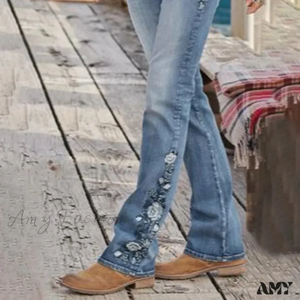 Amy Fashion - Stretch Women's 90s Vintage Clothes Printed Denim Loose Washed Fashion Women's Flare Blue Casual Women's Pant Jean