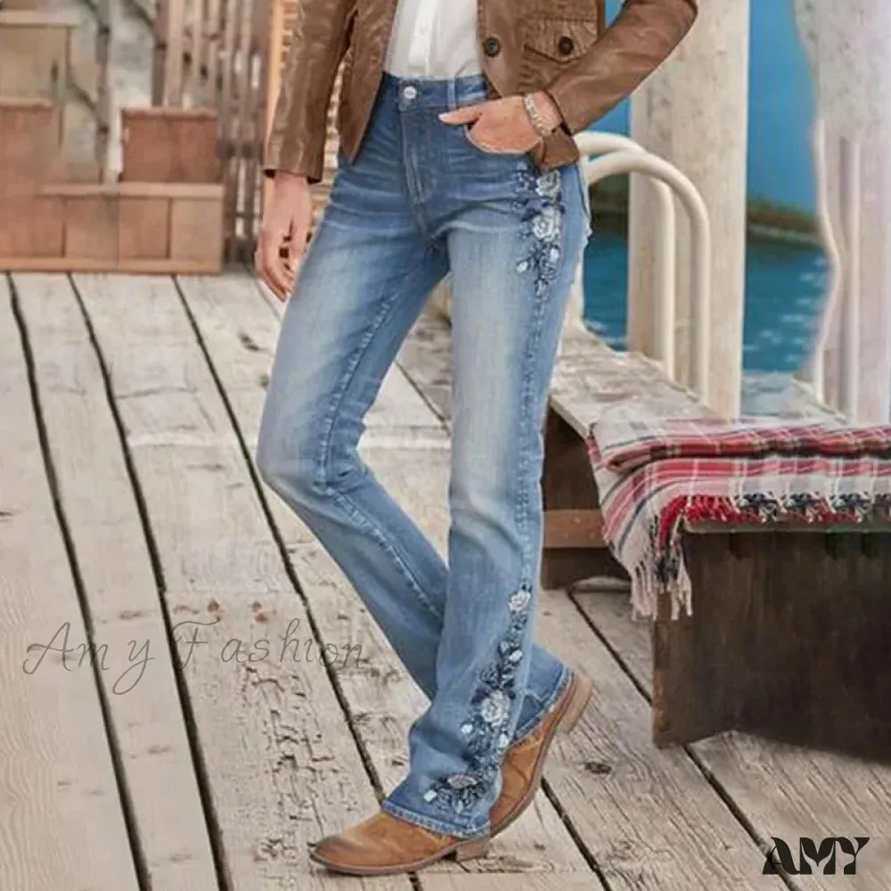 Amy Fashion - Stretch Women's 90s Vintage Clothes Printed Denim Loose Washed Fashion Women's Flare Blue Casual Women's Pant Jean