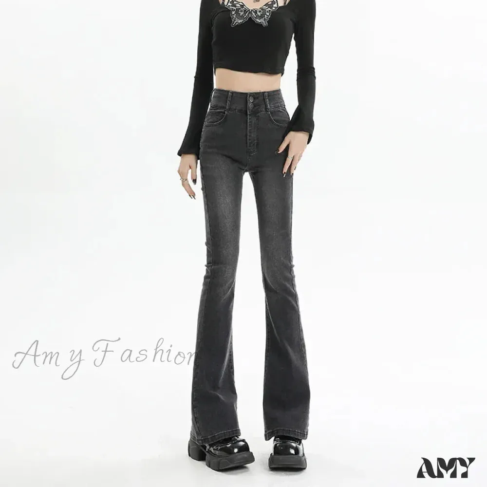 Amy Fashion - Winter Women's Plus Velvet Warm Black Flare Vintage High Waist Harajuku Streetwear Wide Leg Straight Denim Trousers Y2K Pa Jean
